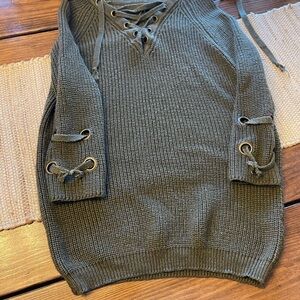 Miracle Olive Green Lace-Up V-Neck Knit Sweater